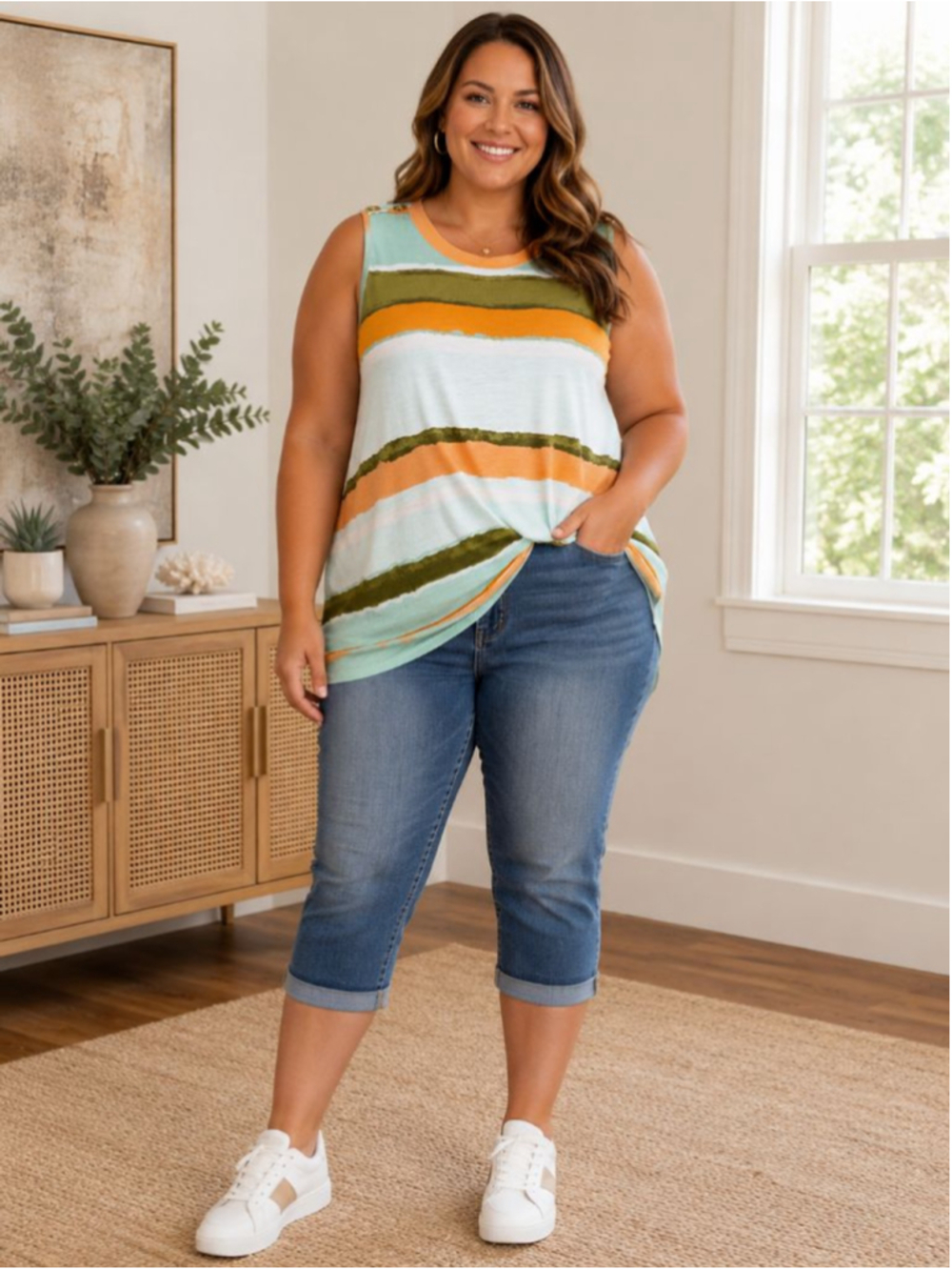 Tru Self Striped Tank Top in Green and Orange Women’s Plus Size 2X